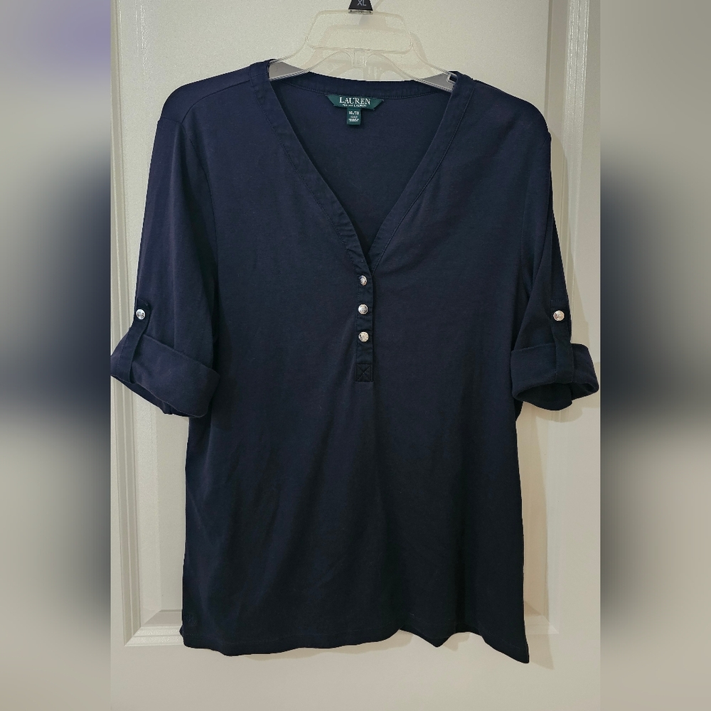 Ralph Lauren Dark Blue Cotton Blouse with Button Accents